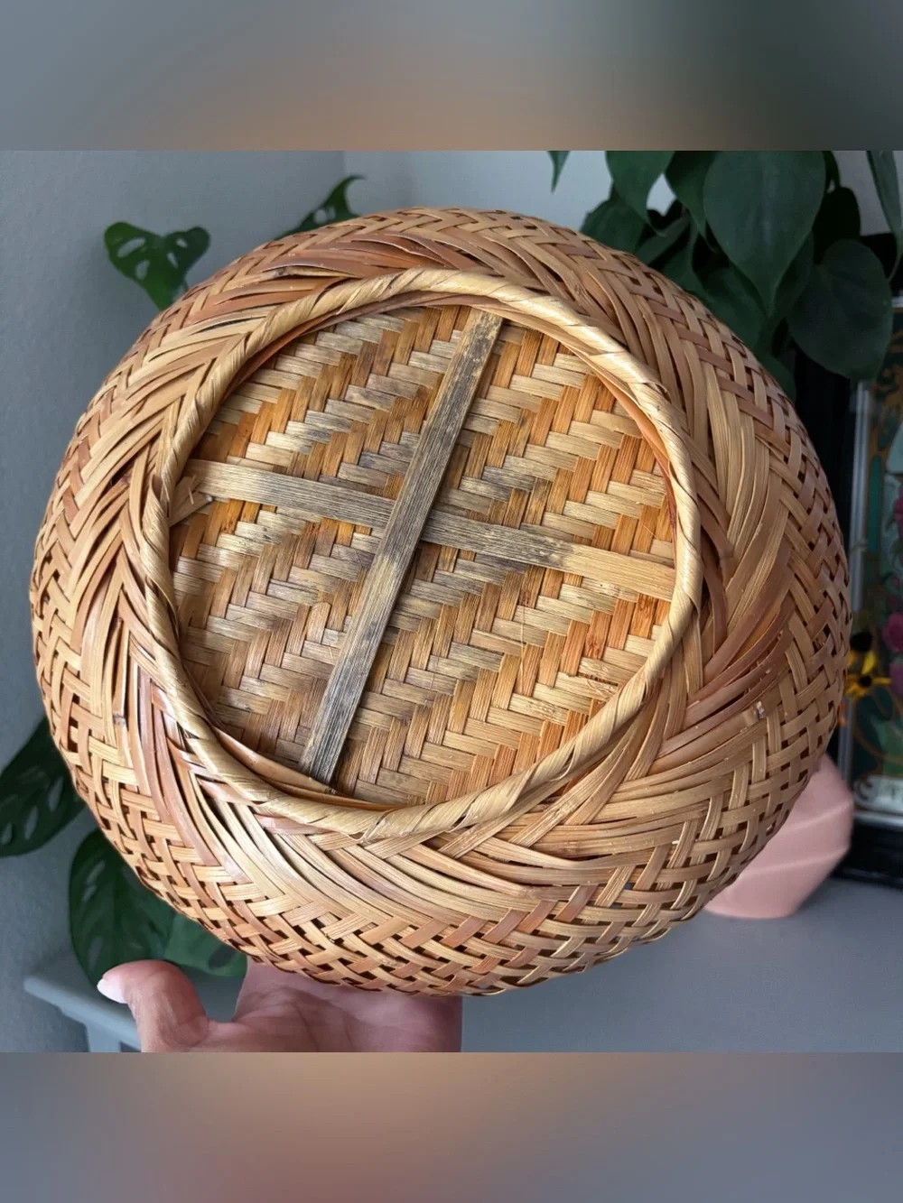Woven Bamboo Rattan Basket Bowl Natural Boho Cottagecore Home Decor 11”